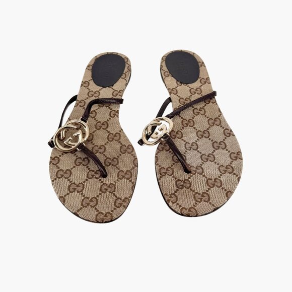 Gucci Interlocking GG Flat Thong Sandals Size 7 Brown Monogram Flip Flop Slide - Picture 2 of 12